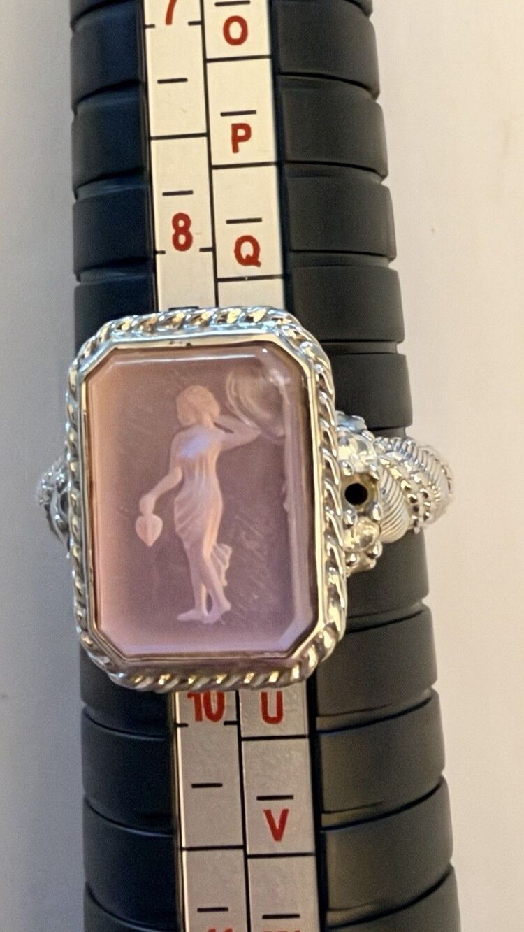 Judith Ripka Sterling Silver Pink Glass Intaglio Diamonique Ring Size 9